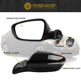 Dasbecan Left Driver Side Mirror Compatible With 2014 2015 2016 Kia Forte Rear view Mirror Black With Manual Folding,Heated,Power Glass,Signal Light Replace# KI1320182 87610-A7210 87610A7210(6 Pins)