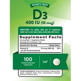 Nature's Truth Nature's Truth Vitamin D3 | 400 iu (10 mcg) | 100 Tablets | Vegetarian, Non-GMO, & Gluten Free Supplement