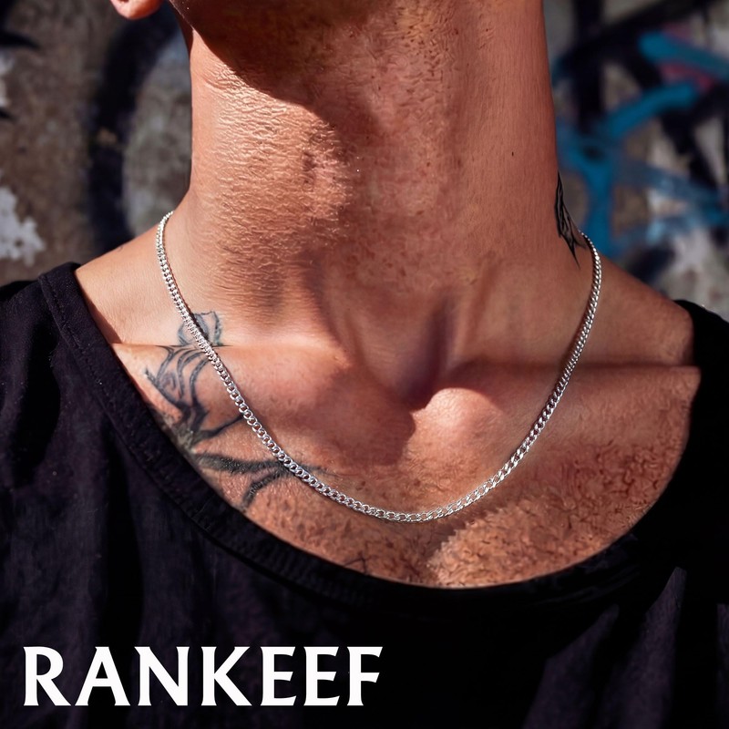 RANKEEF Mens Silver Chain 3mm Cuban Link Chain for Men