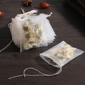 100 bolsas vacías de filtro de té para té, hierbas, especias, pequeñas bolsas de malla con cordón (2.3 x 3.1 pulgadas)