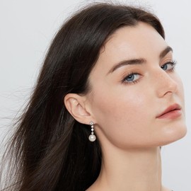 Jiahanzb Sterling Silver 925 Round Cubic Zirconia Earrings for Women with Round Pearl 10 mm White/Light Grey/Dark Grey 10 mm, Sterling Silver, Cubic Zirconia