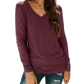AUTOMET Womens Long Sleeve Shirts V Neck Casual Tops Loose Dressy Basic Fall Fashion Trendy Outfits Winter Clothes Wine Red L