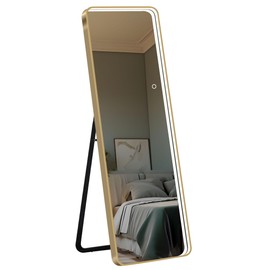 SogesPower 64"x21" Full Length Mirror with Lights, LED Floor Mirror with Stand, Wall Mounted Full Body Mirror with Dimming & 3 Color Lighting for Bedroom Living Room, Gold