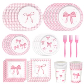 150pcs Pink Bow Party Supplies Bow Birthday Plates Napkins Paper Cup Fork Bow Birthday Decorations for Girl Bachelorette Bridal Engagement Coquette Cute Tableware Set Serves 30 Guests