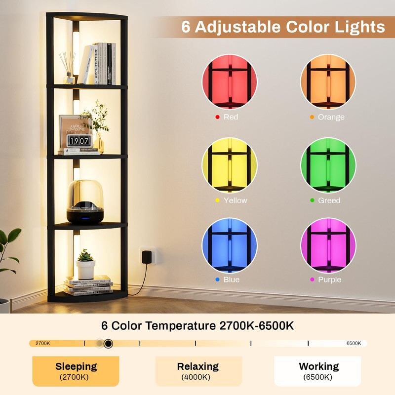 VILICK Corner Shelf with Light 5 Tier Tall Standing Shelf