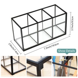 ELEGANTLIFE Clear Glass Makeup Brush Organizer,Luxurious Tempered Glass Cosmetics Brushes Storage Holder for Refined Bathroom Decor (Black, 3 Sections)