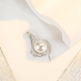 ankbrats Women's 925 Sterling Silver Pearl Necklace, Freshwater Pearl Necklace with Cubic Zirconia, Fashionable Shell Shape Bottom Clip Pearl Necklace, Gift for Women and Girls, Sterling Silver