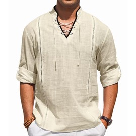 EDITCOZY Men's Cotton Linen Shirt Drawstring Tops Medieval Viking Pirate Renaissance Costume Khaki 3XL