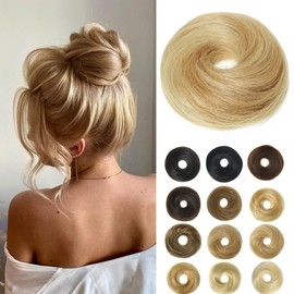 WDL Thick Messy Bun Hair Piece Human Hair Wavy Fluffy Fake Bun Donut Updo Messy Buns Hair Pieces for Women with Elastic Band Lightweight Ponytail Extensions (2 Count #12p613 Honey Golden Highlights)
