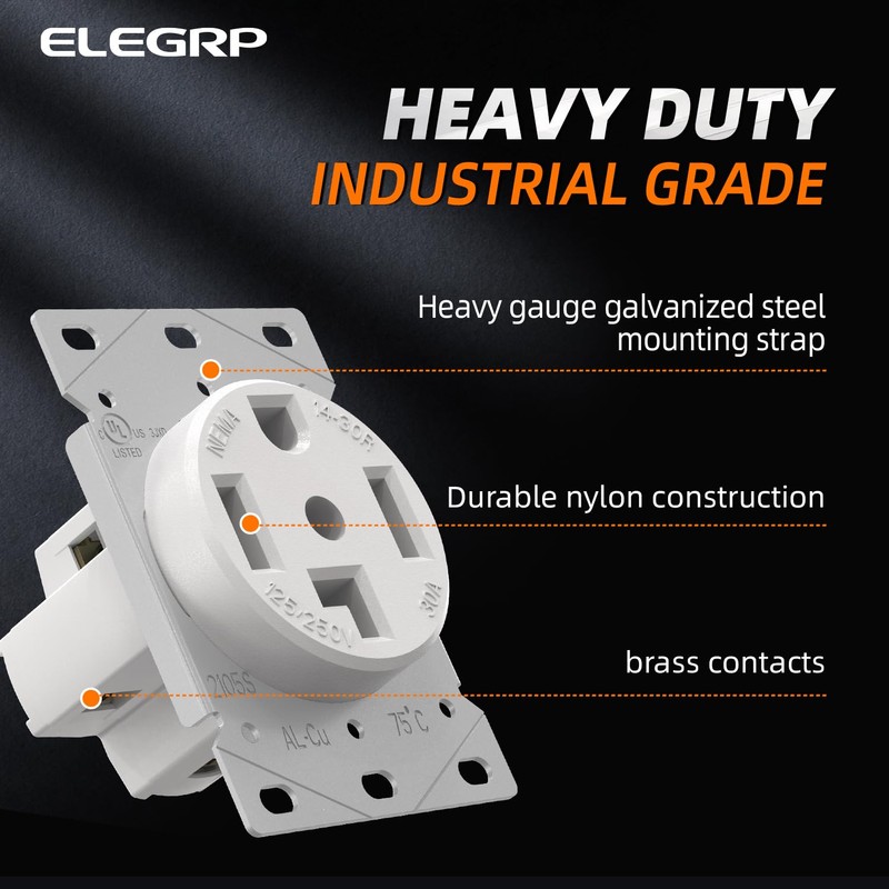 ELEGRP White 30 Amps 125/250V Dryer Outlet, Flush Mounting Power