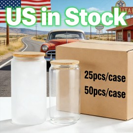 16oz 20oz Borosilicate clear Sublimation Frost Outdoor Glass Cups Bottle Beer Can With Bamboo Lid and Strawscolor: Frosted, capacity: 16oz 50pcs/case