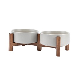 SPUNKYJUNKY Ceramic Dog Bowls Dog Bowl Set with Acacia Wood Stand Raised Dog Bowl Dog Food and Water Bowl for Small Medium Sized Dog(13.52 OZ, Gray)