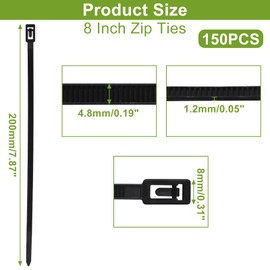 S SYDIEN 8 Inch Reusable Zip Ties 150 Pack, Heavy Duty Black Cable Ties Reusable, Adjustable Tie Wrap Non Slip Off, Releasable Wire Ties for Wire Management Outdoor Patio