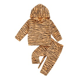 Licupiee Infant Boys Tiger Pants Set Striped Long Sleeve Hooded Sweatshirt Top and Pants Suit 2Pcs Fall Outfits Clothes Sets (Brown, 18-24 Months)