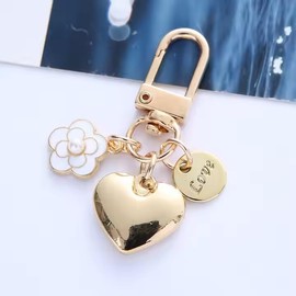 Amily, 2 Kinds of Gold, Heart, Keyring, Charm, Flower, Love Tag, Women's, Stylish, Cute, Brand Accessory, white