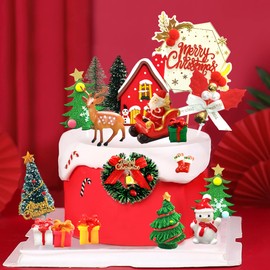 25 piezas de decoración para tartas de Navidad con decoración de Navidad para cupcakes, con árbol de Navidad, mini Papá Noel, reno, muñeco de nieve y adornos en miniatura de Navidad