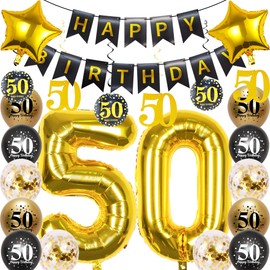 Pargleev 50th Birthday Decorations for Men Women,16in Number 50 Birthday Foil Balloons with Swirl Decorations Happy Birthday Banner and Star Foil Balloons 12PCS Confetii and Latex Balloons Black Gold