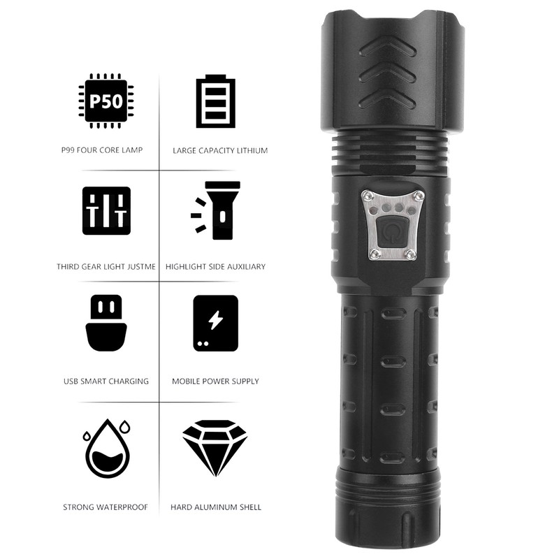 XHP90 Flashlight Zoomable Focusing USB Rechargeable TypeC Rechargeable Torch Outdoor