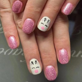 Christmas Press on Nails Fake Nails with Pink Glitter Cartoon Elk Short Square Nails Glossy Solid Color False Nails Full Cover Stick on Nails Acrylic Artificial Nails Xmas Winter Nail Decoration 24Pcs