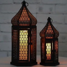 VELA LANTERNS Large Temple Tower Moroccan Lantern Lamp Decorative Candle Holders for Ramadan Decorations, Hanging, Outdoor Patio or Porch, Indoor Home Decor, Weddings, Black, Set of 2