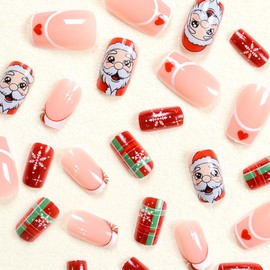 Christmas Press on Nails Nude Pink Medium Square Fake Nails Acrylic False Nails with Santa Claus and Tri Color Grid Pattern Designs Full Cover Glossy Nails Snowflake Xmas Gel Stick On Nails Set 24Pcs
