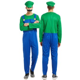 COXNSXX Plumber Brothers Costume Boy/Adult Dress Up Costume with Mustache and Hat for Carnival and Cosplay, Red and Green, S/M/L/XL