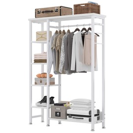 VECELO Open Garment Clothing Rack, Free-Standing Heavy Duty Storage Closet with 5 Shelves and Hanging Rod for Small Spaces, Max Load 350LBS, White