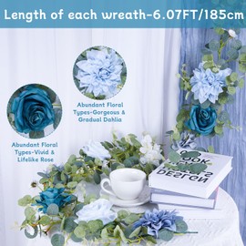 6.07Ft Artificial Blue Flower Garland, Dahlia Fake Vines Flower Wall Backdrop Eucalyptus Garland with Silk Rose Hydrangea Peony Floral Garland for Birthday Wedding Table Centerpieces Decor(1 Pack)
