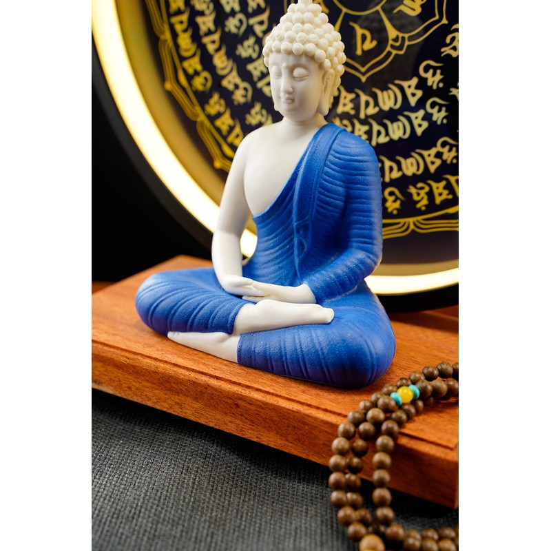 Houlu Blue Buddha Statue and Circle LED Table Lamp, Ceramic