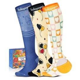 Lalapapa Cute Compression Socks for Women - 3 Pairs 20-30 mmHg Lightweight Graduated Knee High Compression Socks for Women for Daily Wear Travel Nurse, Cartoon Design, 2XL