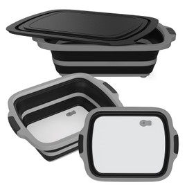 2-Pack XL Collapsible BBQ Prep Tub with Built-In Cutting Board, Lid & Strainer – Marinate, Drain & Prep – Large Food-Safe Container – Perfect for Grilling, Smoking & Outdoor Cooking (Black)