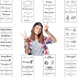 8 Sheets Quote & Symbol Temporary Tattoos – Realistic Black Ink Designs with Birds, Stars, ECG, Infinity, Script Letters – Long-Lasting Peel & Apply Tatoos for Arm, Neck, Face – Adults & Teens