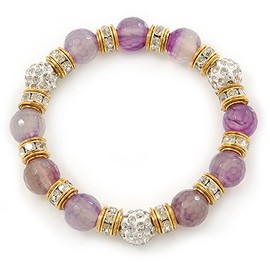 Avalaya 10mm Faceted Lavender Agate Stone, Gold Crystal Spacers And White Crystal Balls Stretch Bracelet - 17cm L