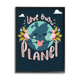 Stupell Industries Love Our Planet Phrase Floral Cartoon Earth Angela Nickeas Black Framed Wall Art, 16 x 20
