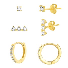 SILBERTALE Set of 3 Pairs of Earrings 925 Silver Mini Gold Hoop Earrings with Balls Wide Hoop Earrings Small Zirconia Stud Earrings Girls Women, Sterling Silver