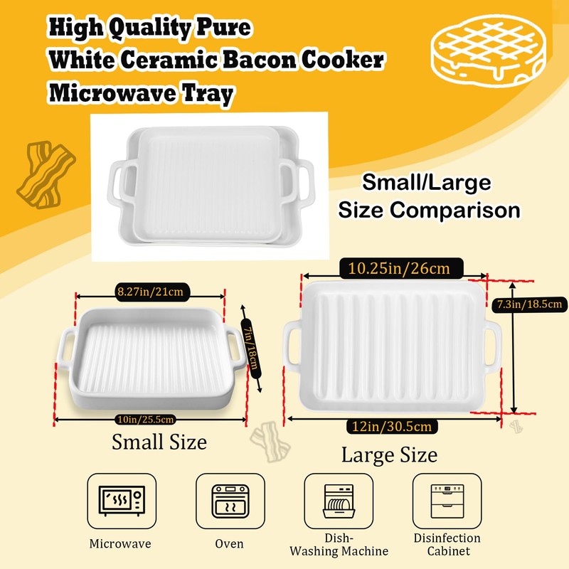 Upgraded White Ceramic Bacon Baking Tray, Microwave-Safe Bacon Cooking Tray,