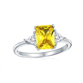 Bridal Past Present Future 3 Stone CZ Canary Yellow AAA Cubic Zirconia Rectangle Solitaire Emerald Cut Engagement Ring Trillion Cut Side Accent .925 Sterling Silver