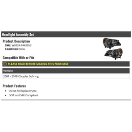 Marketplace Auto Parts Headlight Assembly Set of 2 - Compatible with 2007-2010 Chrysler Sebring