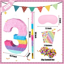 PCFING 20 Inch Number 3 Piñata Rainbow Candy Color with 30 Inch Piñata Stick Blindfold Confetti for Boy Girl Kids Birthday Party Decorations, Anniversary Celebration, Fiesta