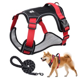 Assky Dog Harness, Breathable, No Headrest, Reduces Cough Strain, One-Touch Removal, Night Reflection, 5.9 ft (1.5 m) Lead, For Small and Large Dogs, L Black