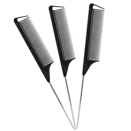 Professional Metal Pin Tail Combs, Rat Tail Tangle Teaser 3Pcs Set, Long Steel Pin Teasing Hairbrush for Salon Hair Stylists and Sectioning, Metal Parting Kames for Women, 3Black