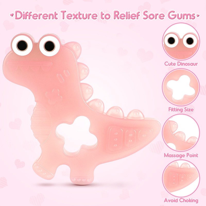 NPET 3Pcs Cute Dinosaur Baby Teething Toys See-Through Pink Teethers