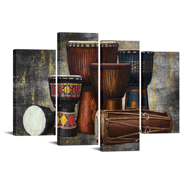 sechars 4 Piece Traditional African Wall Art Vintage Ethnic Djembe Drum Painting on Canvas Music Instruments Picture Poster for Living Room Rusic Room Wall Decor Framed Ready to Hang