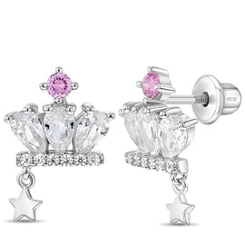 925 Sterling Silver White-Pink Cubic Zirconia Princess Crown Earrings Set With Screw Back Locking for Young girls and Pre Teens Royal and Party Attires