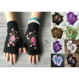 YAQUEKOU Hand Embroidered Fingerless Gloves Women's Winter Flowers Embroidery Arm Warmers Gloves Women's Pulse Warmer Knitted Hand Warmers Short Knitted Half Fingerless Mittens Fingerless Hand Warmer,