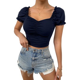 SweatyRocks Women's Ruched Short Puff Sleeve Tops Sweetheart Neck Frill Trim Elegant Shirts Crop Tops Navy Blue X-Large