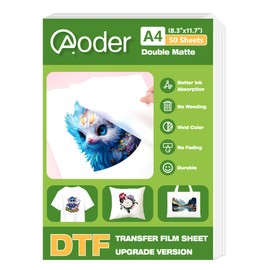 Aoder DTF Transfer Film A4 (8.3" x 11.7") 50 Sheets, Double Side Matte DTF Film, Clear PreTreat PET Transfer Paper for T-Shirts Textile, A4 DTF Transfer Film for Epson Inkjet Printer (Upgrade Version)