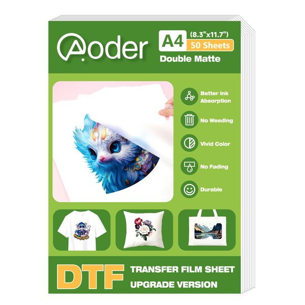 Aoder DTF Transfer Film A4 (8.3" x 11.7") 50 Sheets,