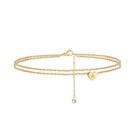 TINGN Heart Initial Anklet Bracelet for Women, 14K Gold Filled Layered Ankle Bracelet Summer Boho Beach Minimalist Initial Anklet for Women Anklet With Initials A
