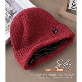 Hat Hut Wool Beanie Satin Lined Winter Hats Slouchy Beanie with Silk Lining Warm Wool Knit Ski Hat Cuffed Cap Women Men (UK, Alpha, One Size, Dark Red)